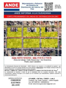 Pedro Juan Caballero tendrá corte de energía este martes por trabajos de la ANDE