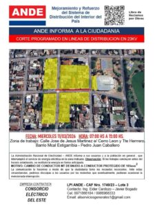 PJC: ANDE anuncia corte programado de energía eléctrica en el barrio Mariscal Estigarribia