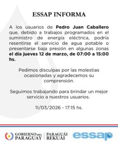 ESSAP advierte sobre posible falta de agua en Pedro Juan Caballero por cortes de la ANDE