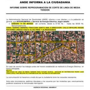 PJC: Sector del barrio Obrero quedará sin energía por trabajos de la ANDE este sábado