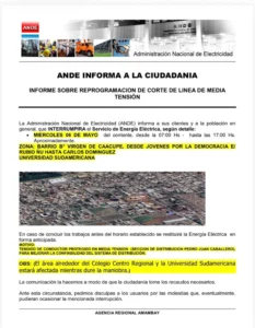 ANDE anuncia corte de energía en barrio Virgen de Caacupé en Pedro Juan Caballero