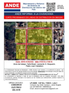 PJC: Anuncian corte programado de energía por mejoras de la ANDE en la fracción Amambay