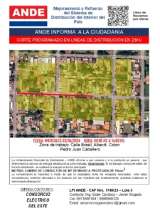 PJC: ANDE anuncia corte programado de luz para este miércoles en el barrio Bernardino Caballero