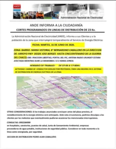 PJC: La ANDE anuncia cortes programados de energía eléctrica para este martes en varios sectores