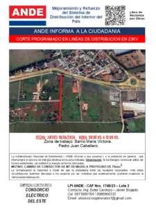 La ANDE anuncia un corte programado de electricidad este jueves en Pedro Juan Caballero
