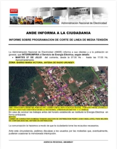 ANDE programa un corte de luz de diez horas para este martes en Pedro Juan Caballero