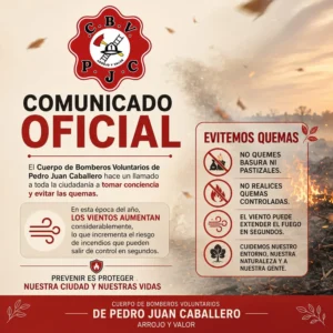 Bomberos de Pedro Juan piden evitar quemas por fuertes ráfagas de viento de 90 km/h